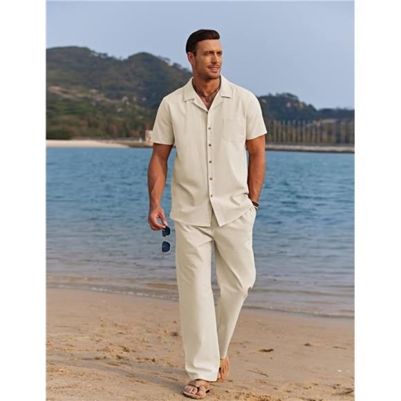 Men 2 Piece Linen Outfit Beach Button Down Shirt Casual Loose Pant Sets - Picture 2 of 6